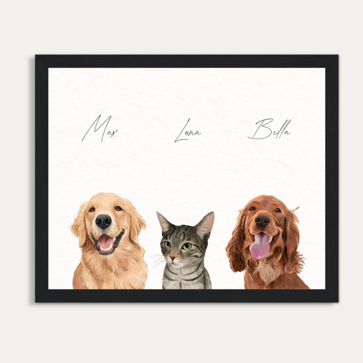 Custom Watercolor Three Pets Half Body Portrait