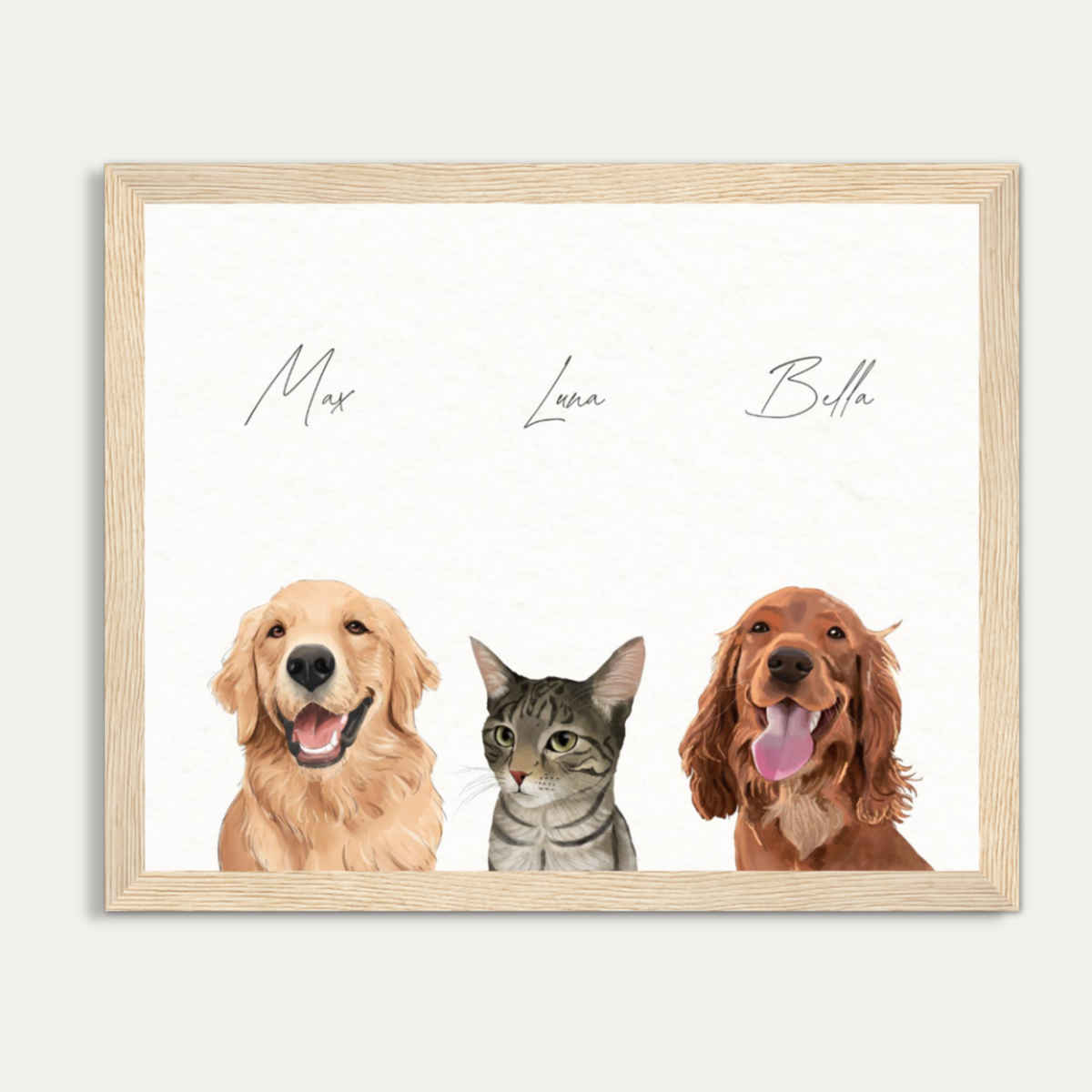 Custom Watercolor Three Pets Half Body Portrait