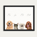 Custom Watercolor Four Pets Half Body Portrait