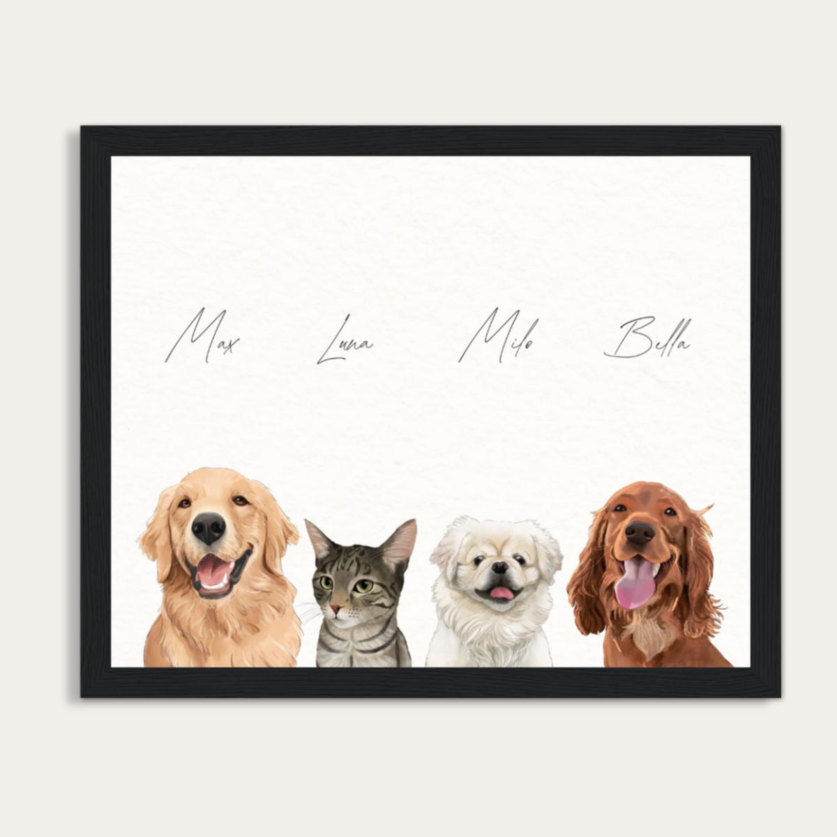 Custom Watercolor Four Pets Half Body Portrait