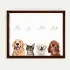 Custom Watercolor Four Pets Half Body Portrait