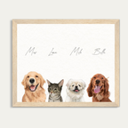 Custom Watercolor Four Pets Half Body Portrait