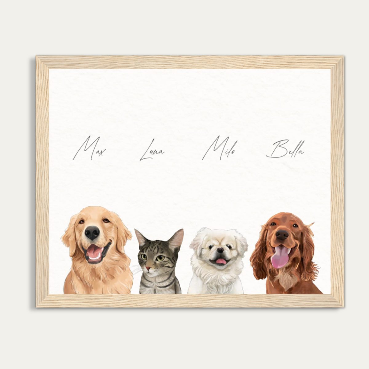 Custom Watercolor Four Pets Half Body Portrait