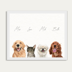 Custom Watercolor Four Pets Half Body Portrait