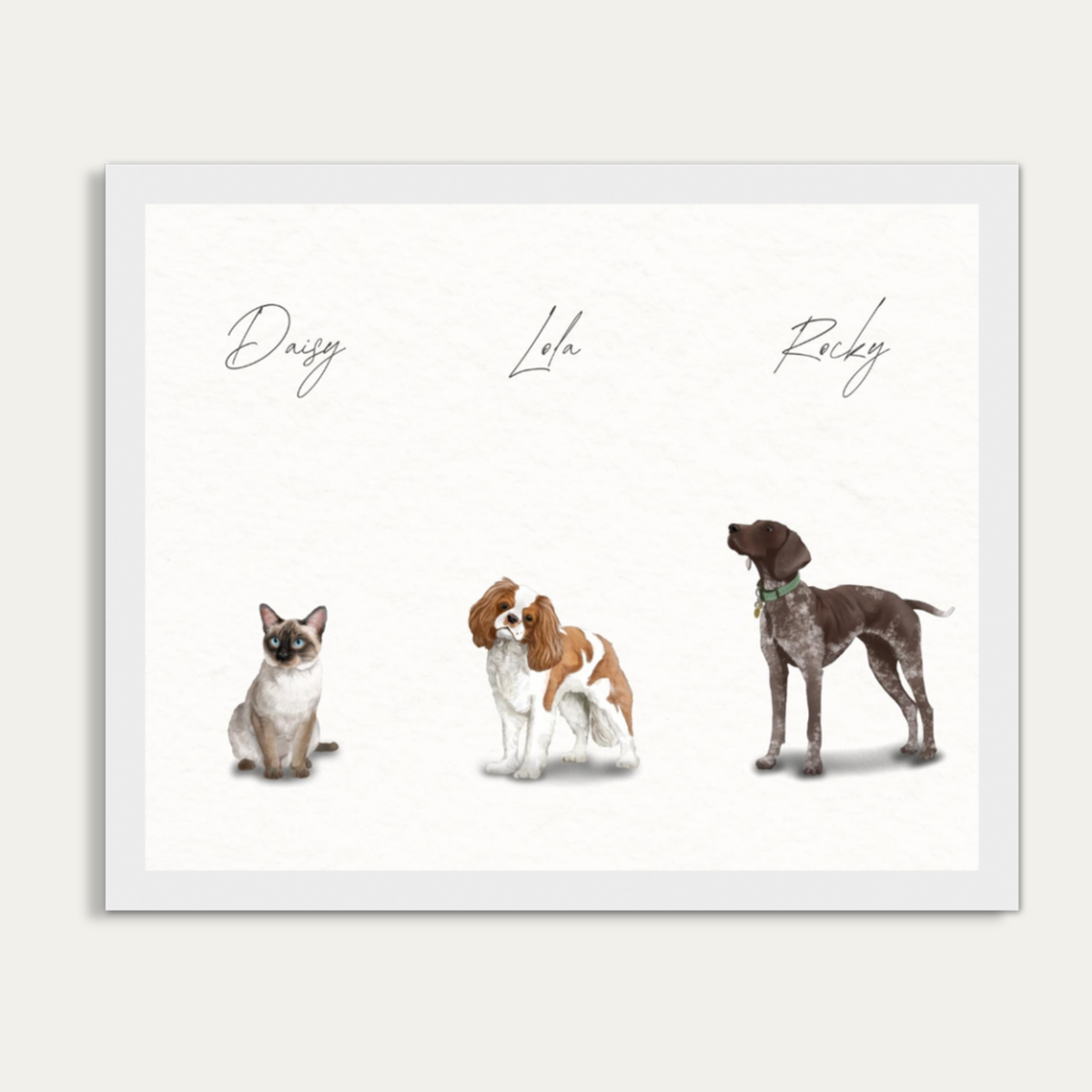 Custom Watercolor Three Pets Full Body Portrait