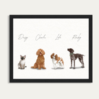 Custom Watercolor Four Pets Full Body Portrait