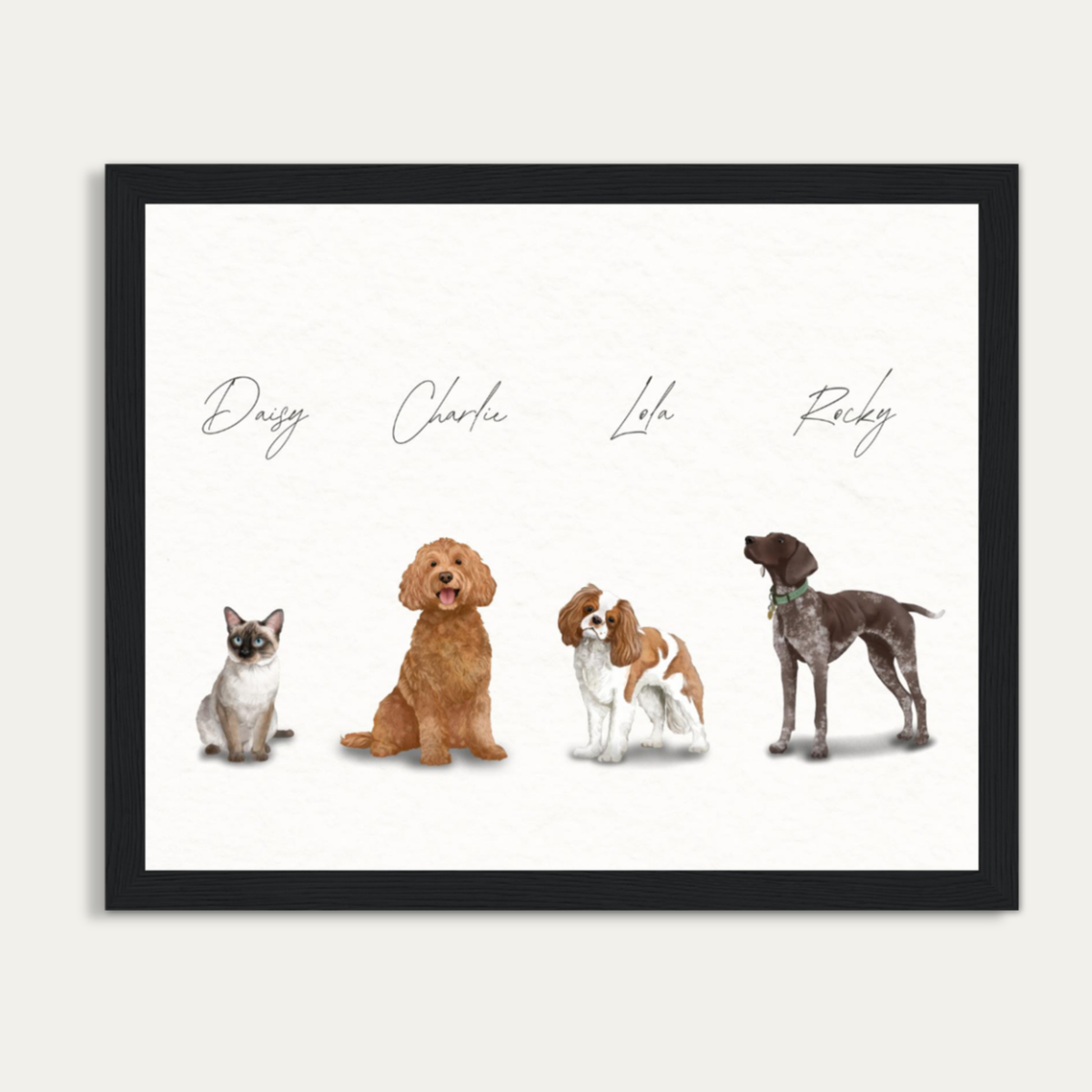 Custom Watercolor Four Pets Full Body Portrait