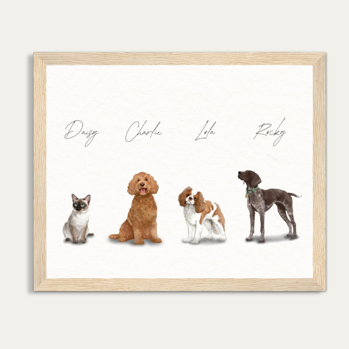 Custom Watercolor Four Pets Full Body Portrait