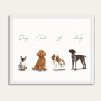 Custom Watercolor Four Pets Full Body Portrait
