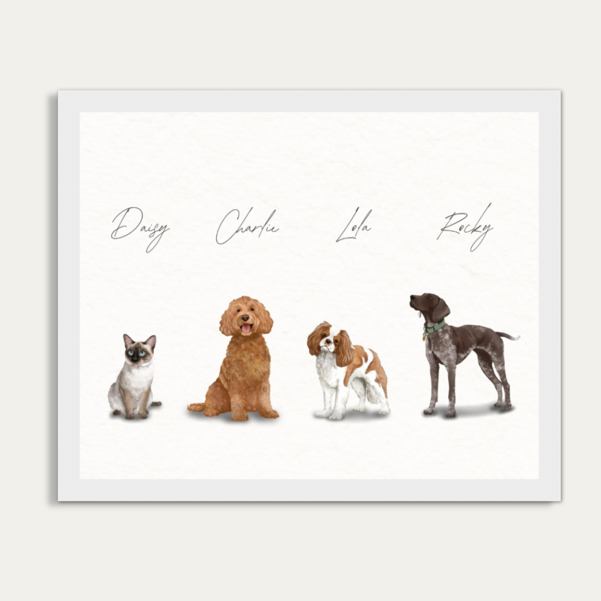 Custom Watercolor Four Pets Full Body Portrait