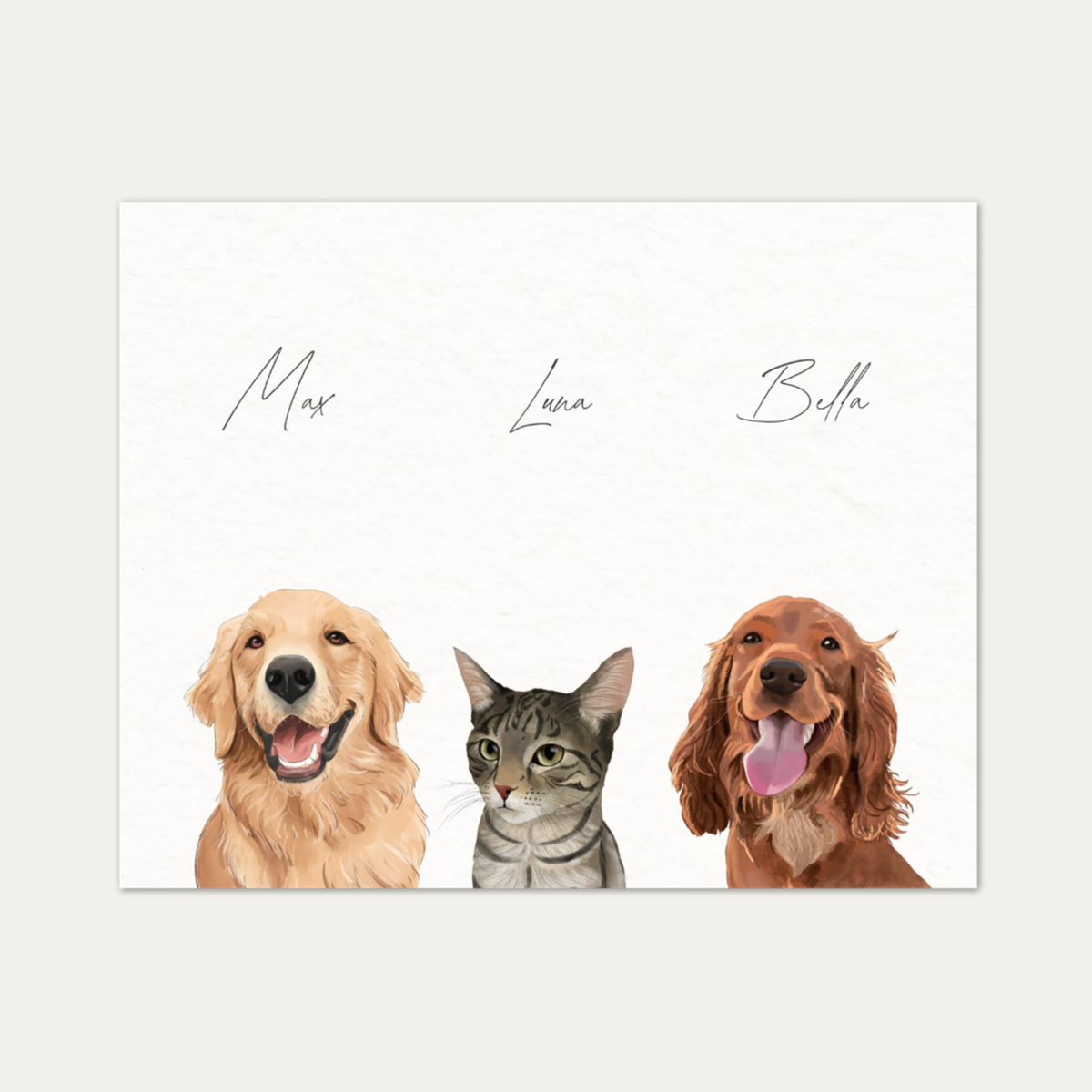 Custom Watercolor Three Pets Half Body Portrait