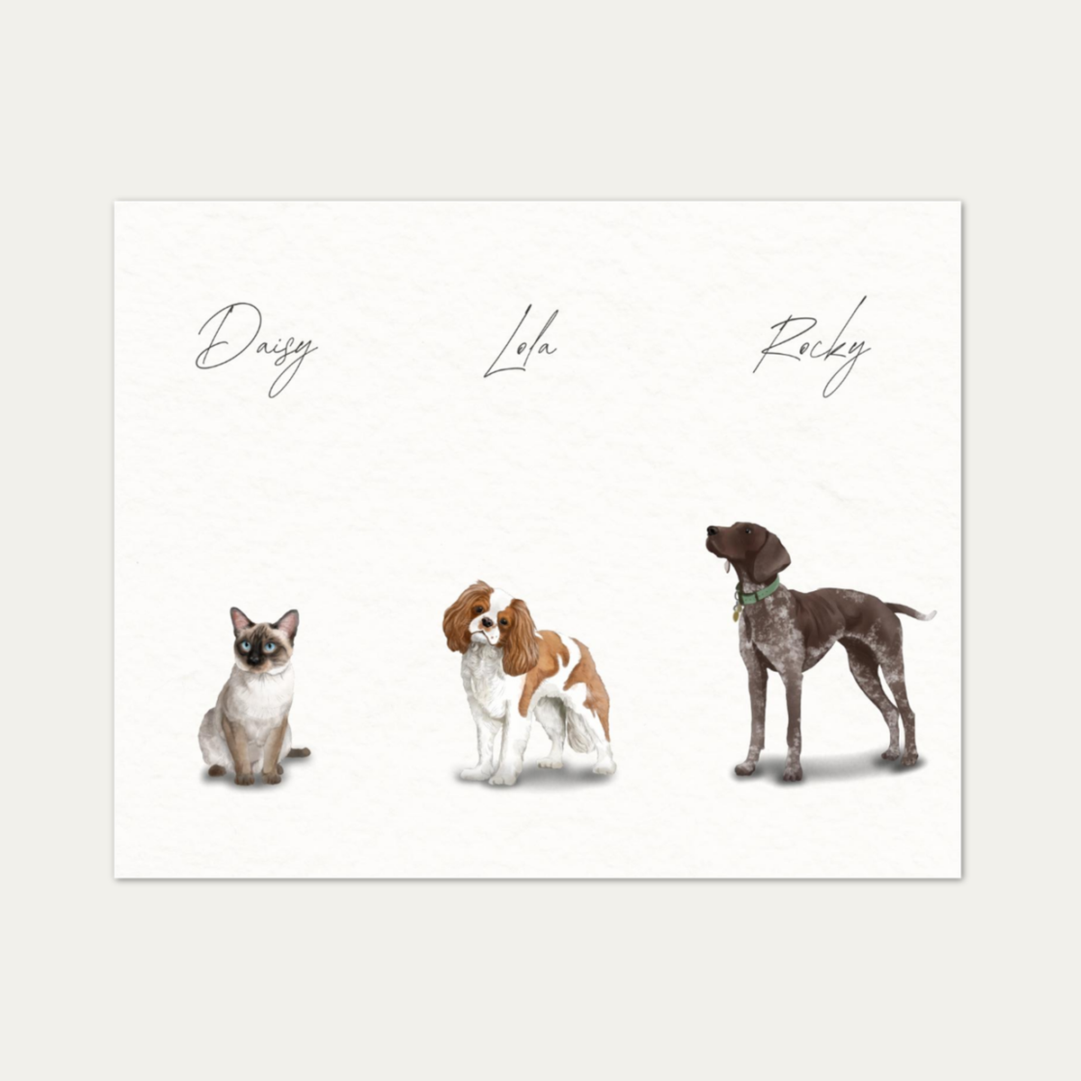 Custom Watercolor Three Pets Full Body Portrait