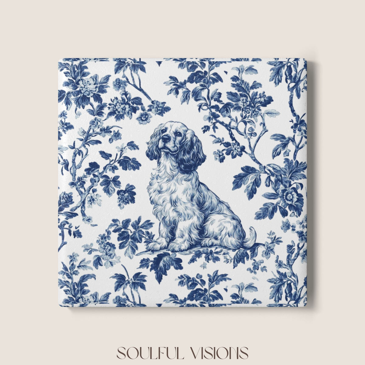 Cocker Spaniel Ceramic Coaster French Blue Toile