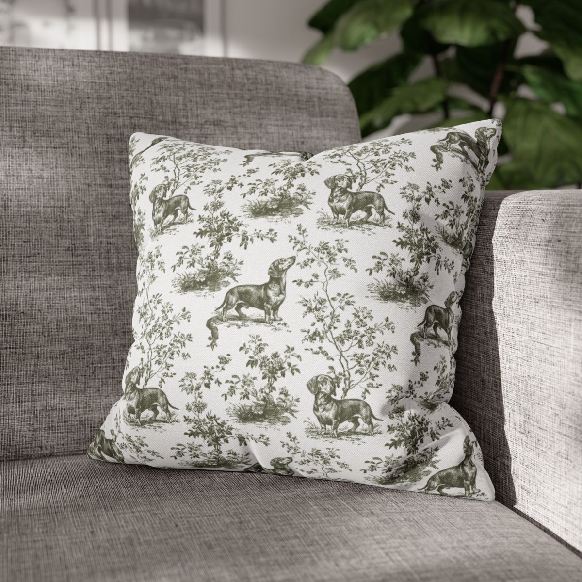 Dachshund Shorthaired Sage Green French Toile Pillow