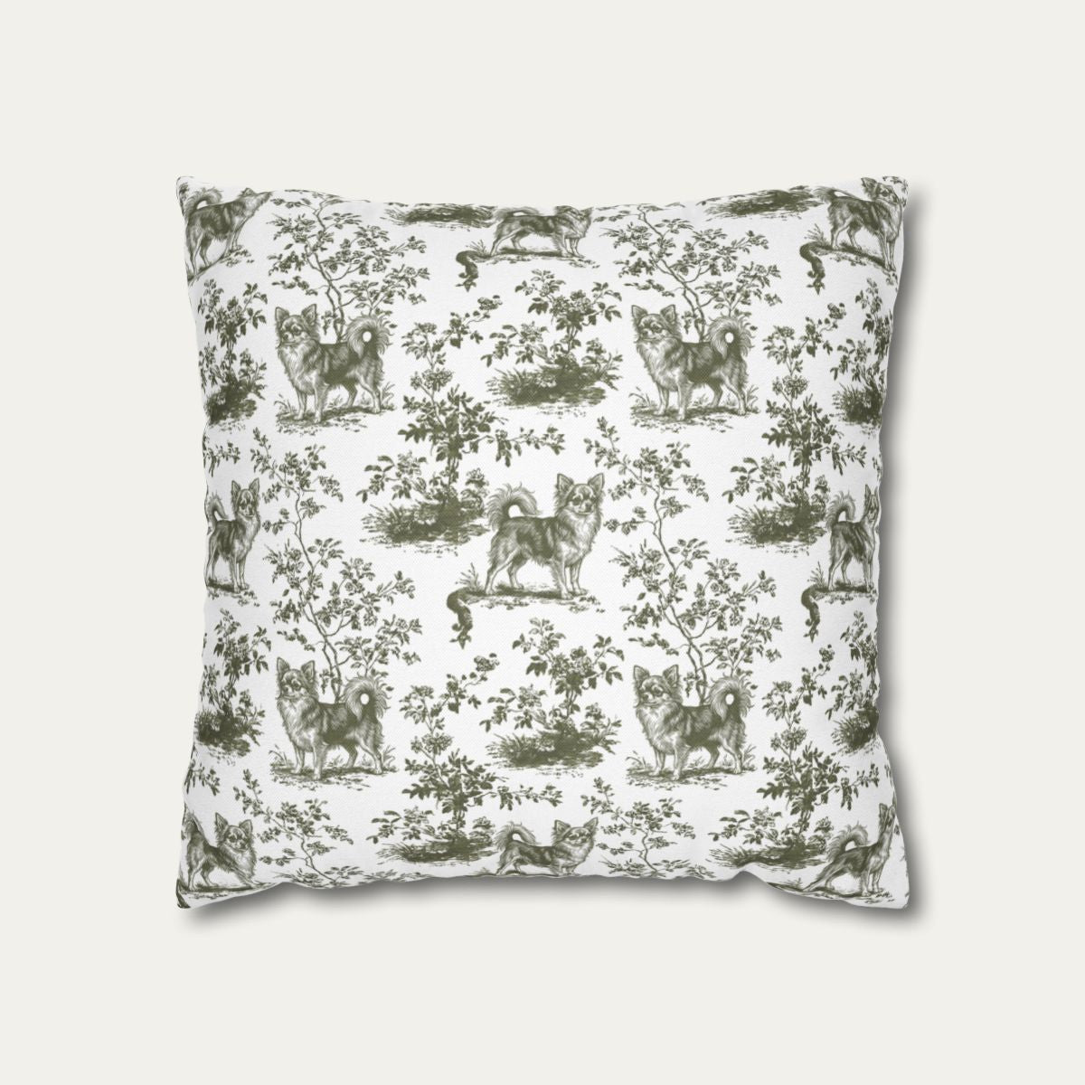 Chihuahua Longhaired Sage Green French Toile Pillow